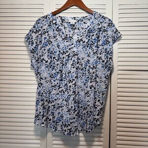 Liz Claiborne Women’s Blue and White Floral V-Neck Flowy Shirt Blouse Size XL